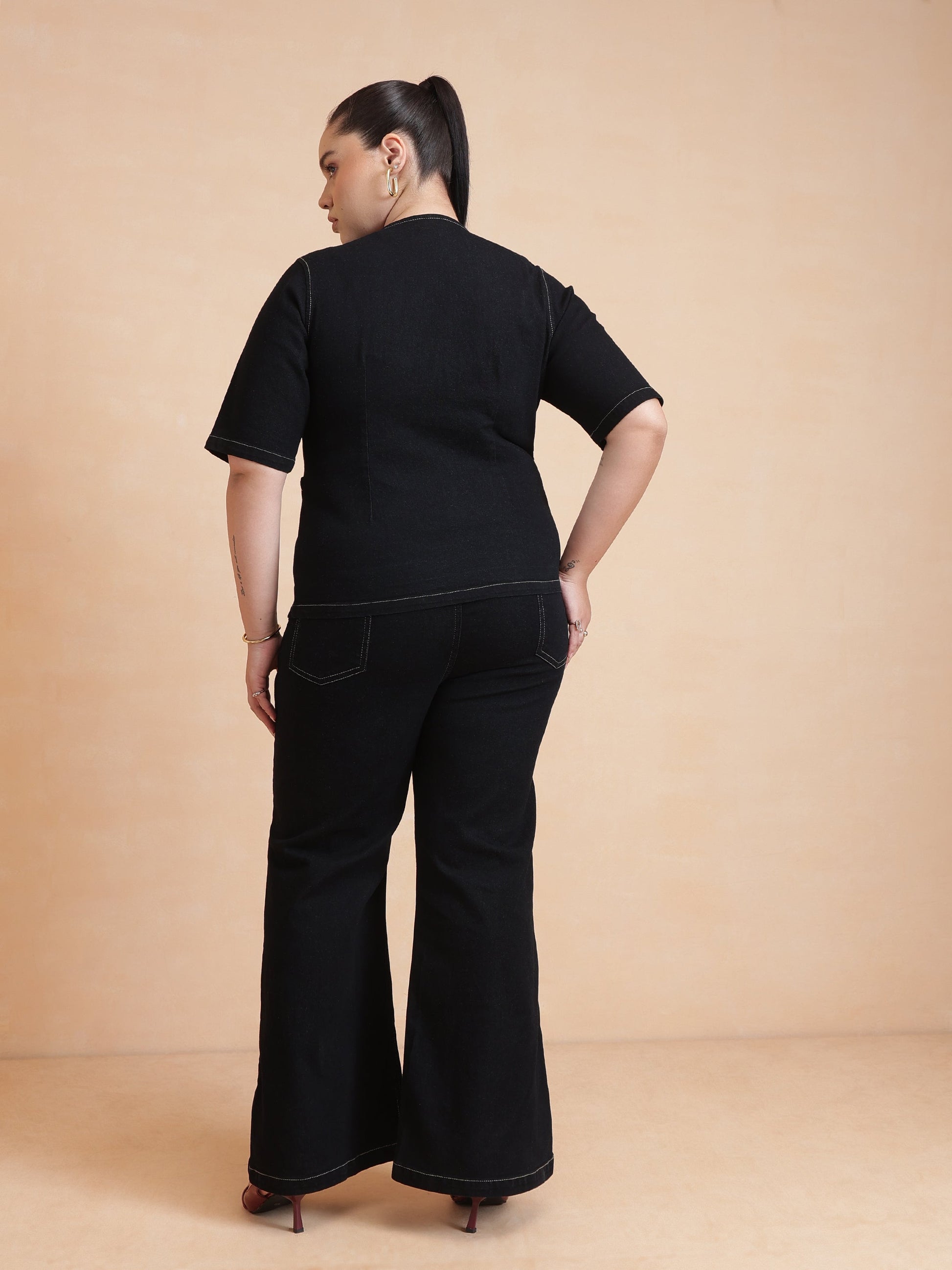 Black Front Button Top With Bell Bottom Jeans-SASSAFRAS Curve