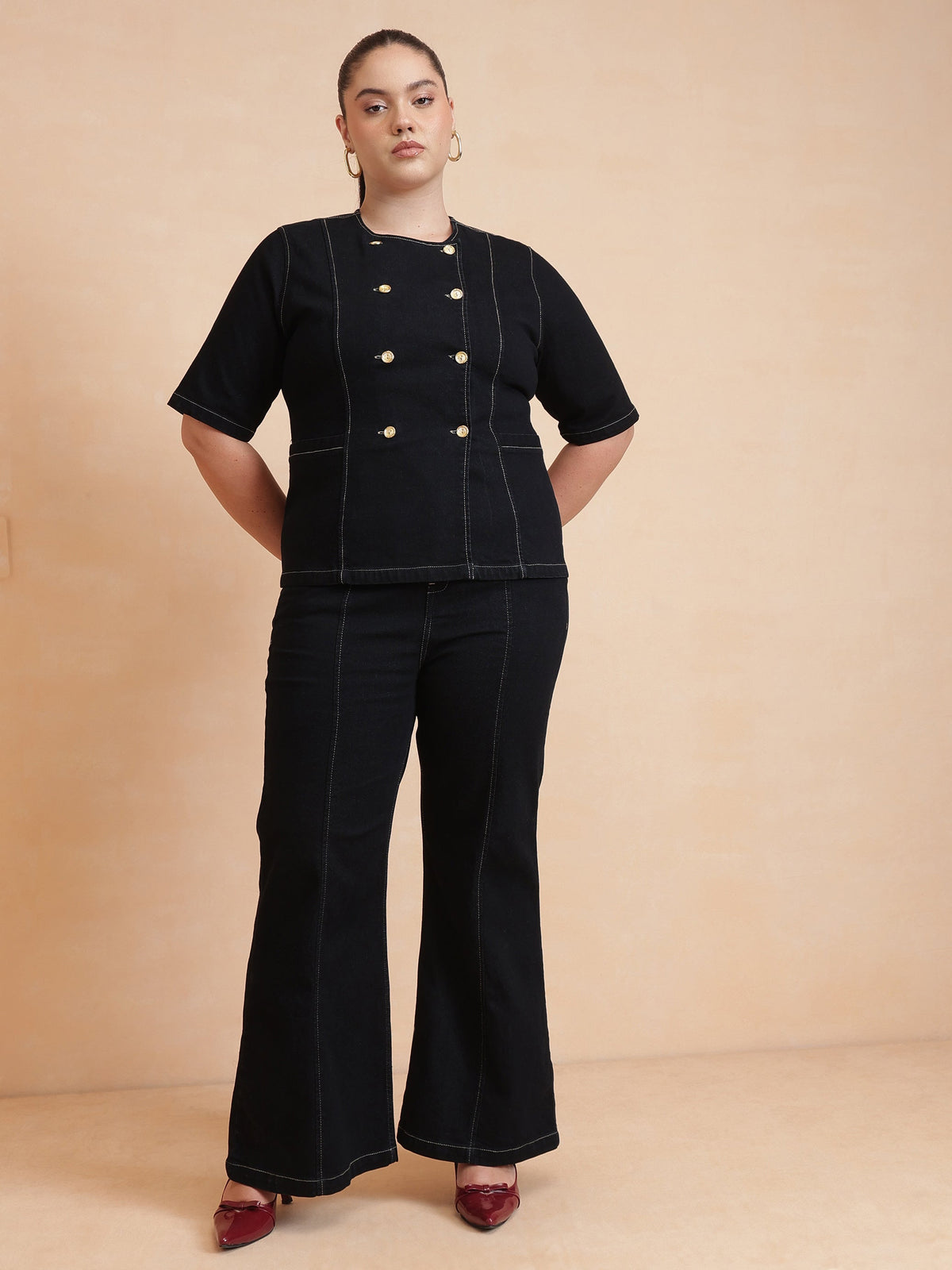 Black Front Button Top With Bell Bottom Jeans-SASSAFRAS Curve