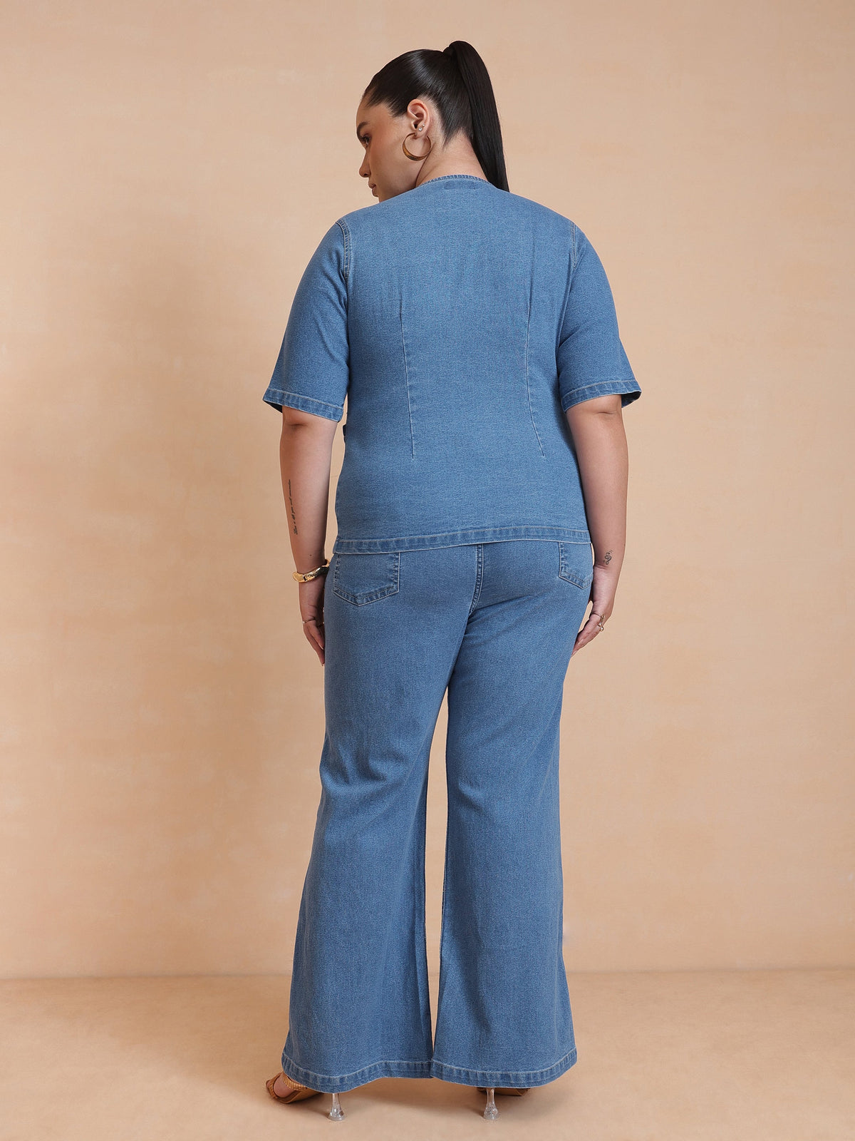 Blue Front Button Top With Bell Bottom Jeans-SASSAFRAS Curve