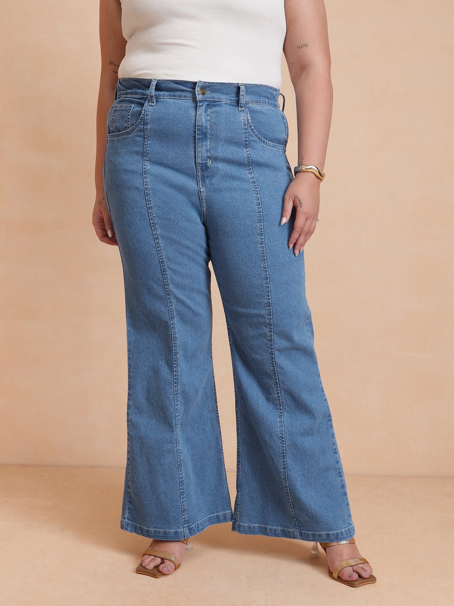 Blue Front Button Top With Bell Bottom Jeans-SASSAFRAS Curve