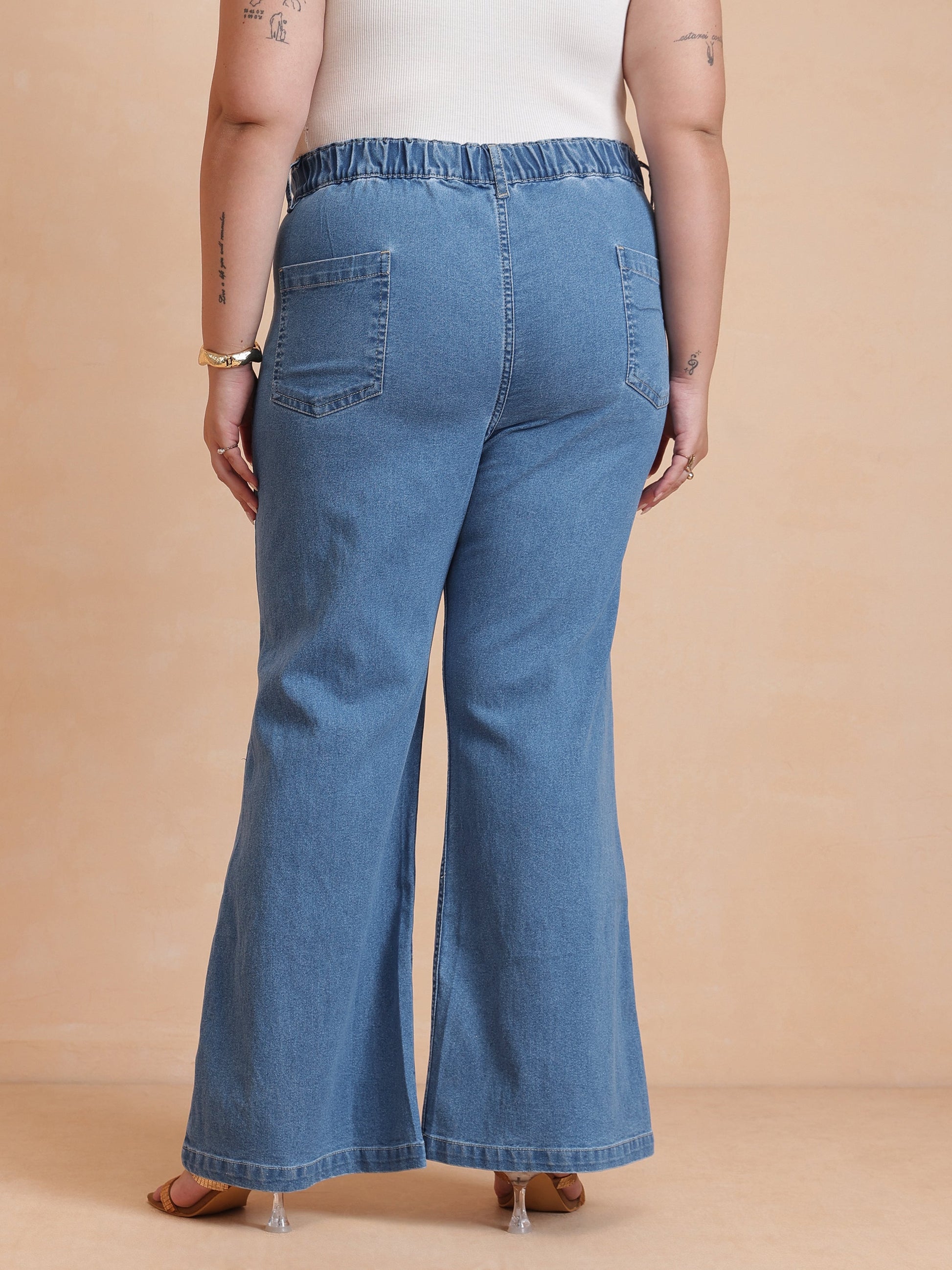 Blue Front Button Top With Bell Bottom Jeans-SASSAFRAS Curve