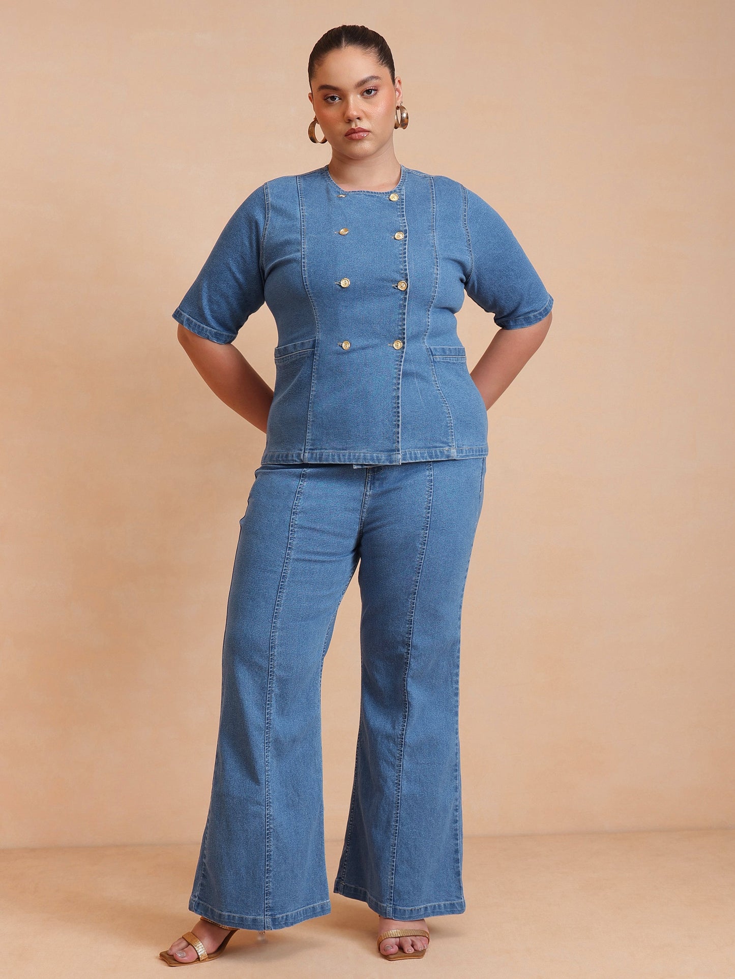Blue Front Button Top With Bell Bottom Jeans-SASSAFRAS Curve