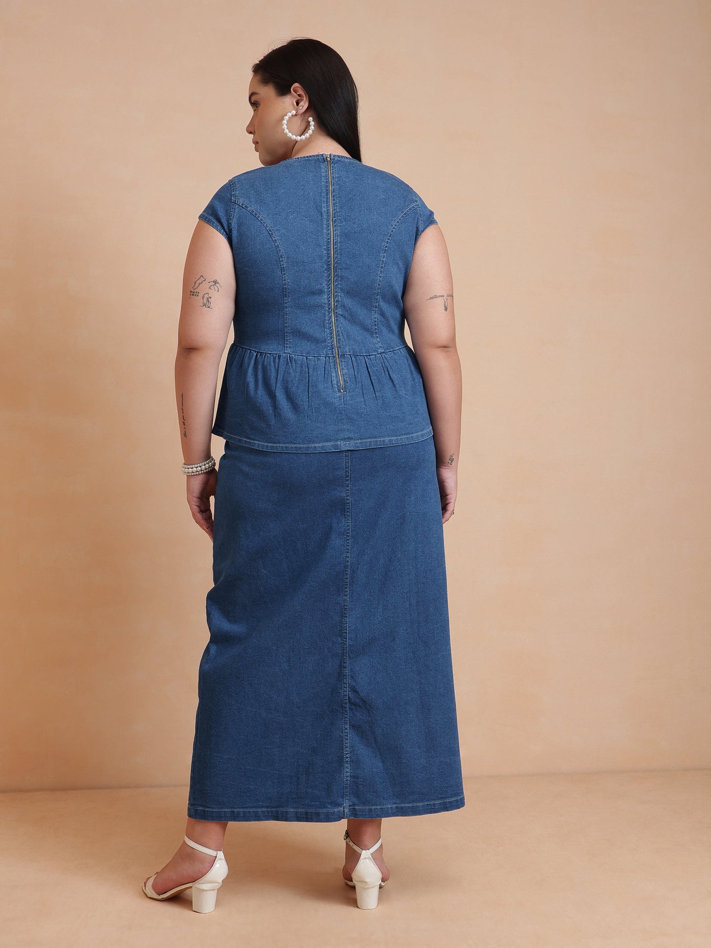 Blue Peplum Top With Denim Midi Skirt-SASSAFRAS Curve