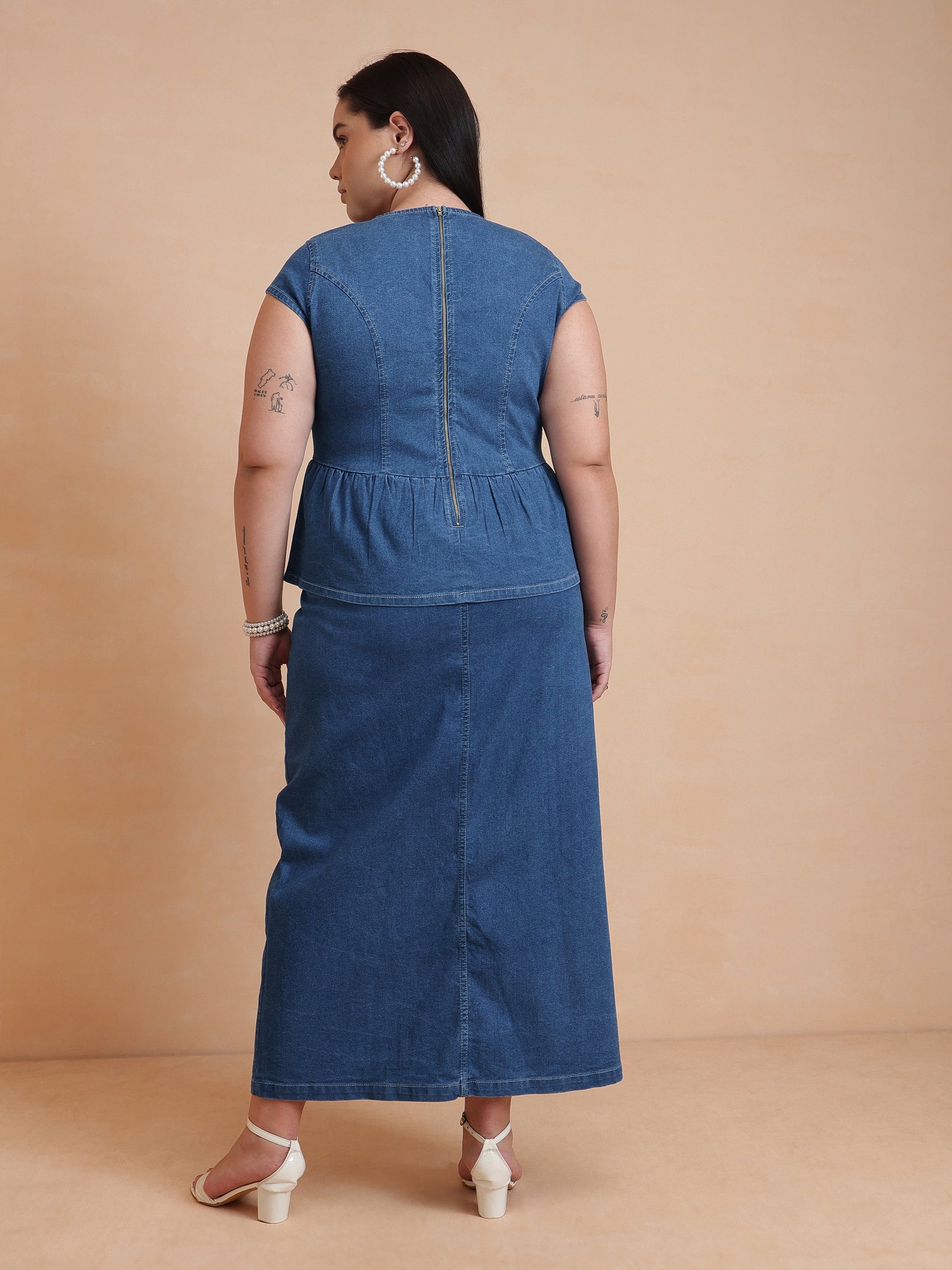 Blue Peplum Top With Denim Midi Skirt-SASSAFRAS Curve