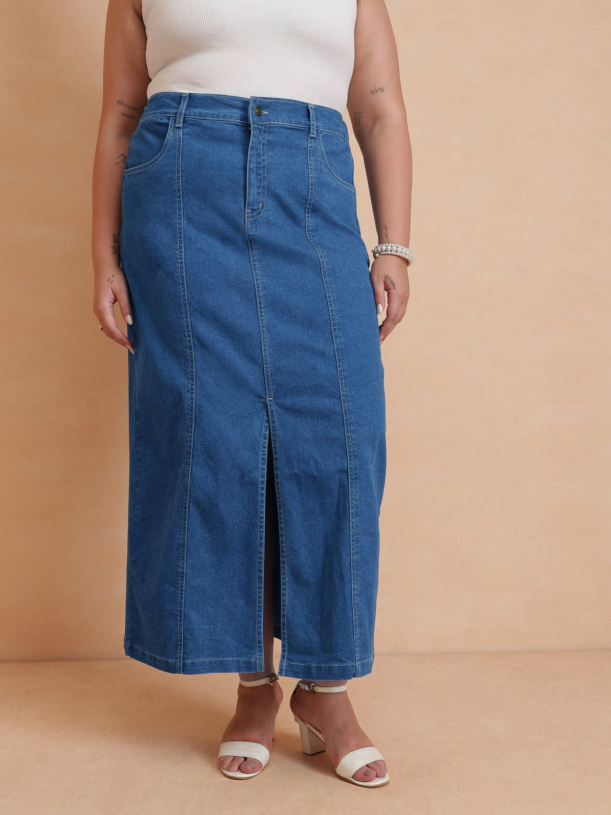 Blue Peplum Top With Denim Midi Skirt-SASSAFRAS Curve
