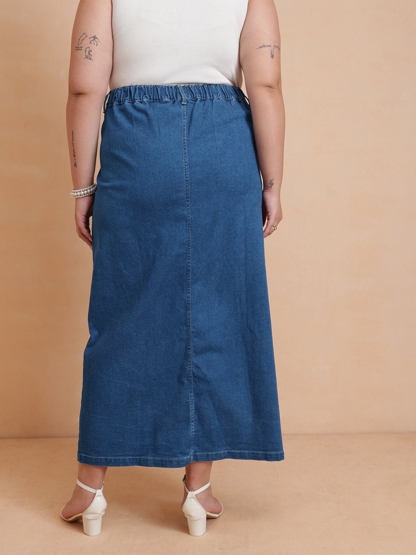 Blue Peplum Top With Denim Midi Skirt-SASSAFRAS Curve