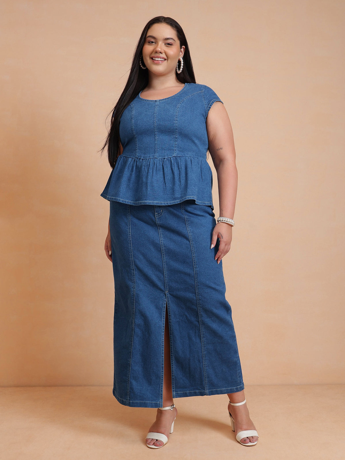 Blue Peplum Top With Denim Midi Skirt-SASSAFRAS Curve