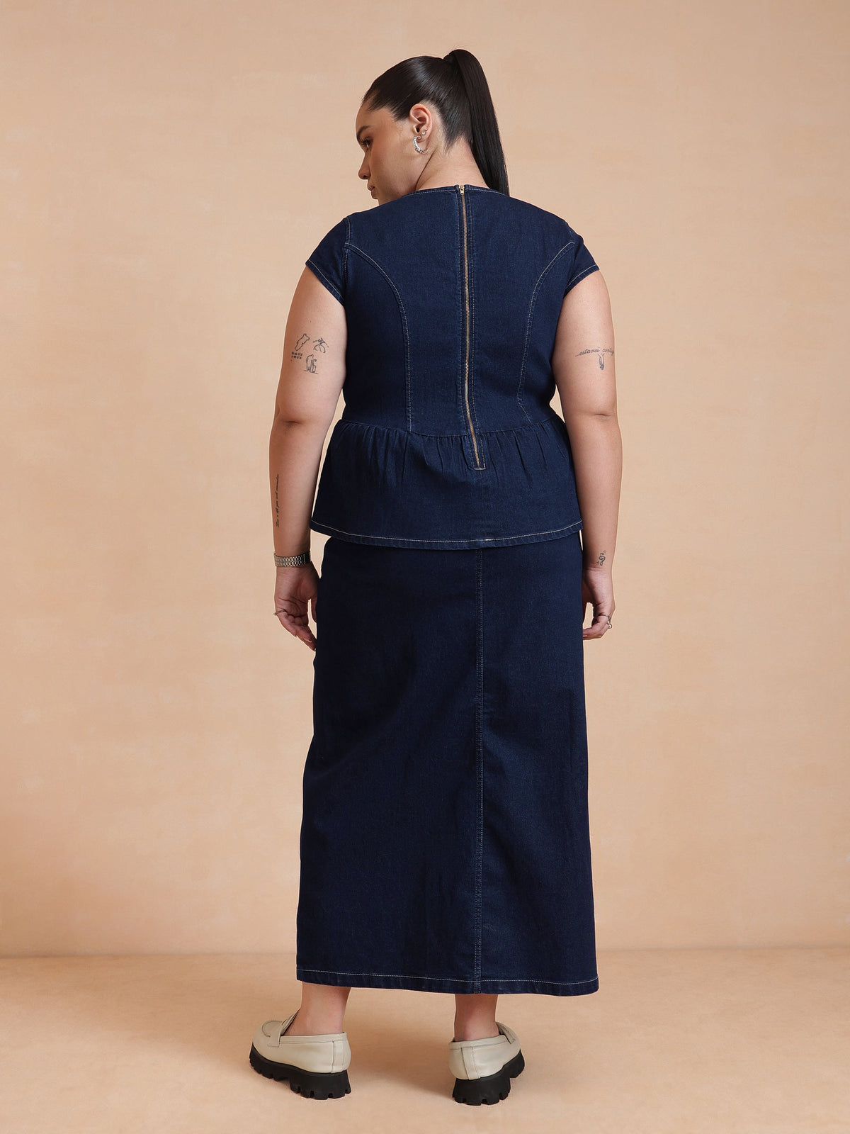 Navy Peplum Top With Denim Midi Skirt-SASSAFRAS Curve