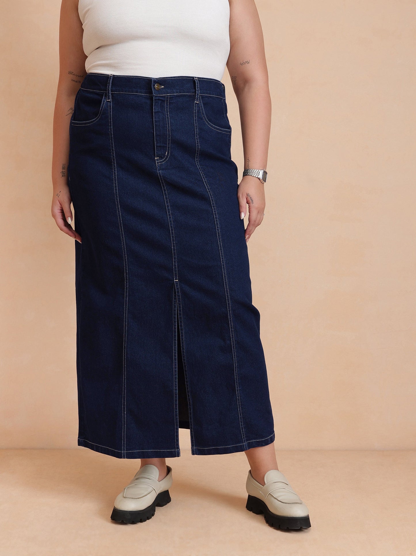 Navy Peplum Top With Denim Midi Skirt-SASSAFRAS Curve