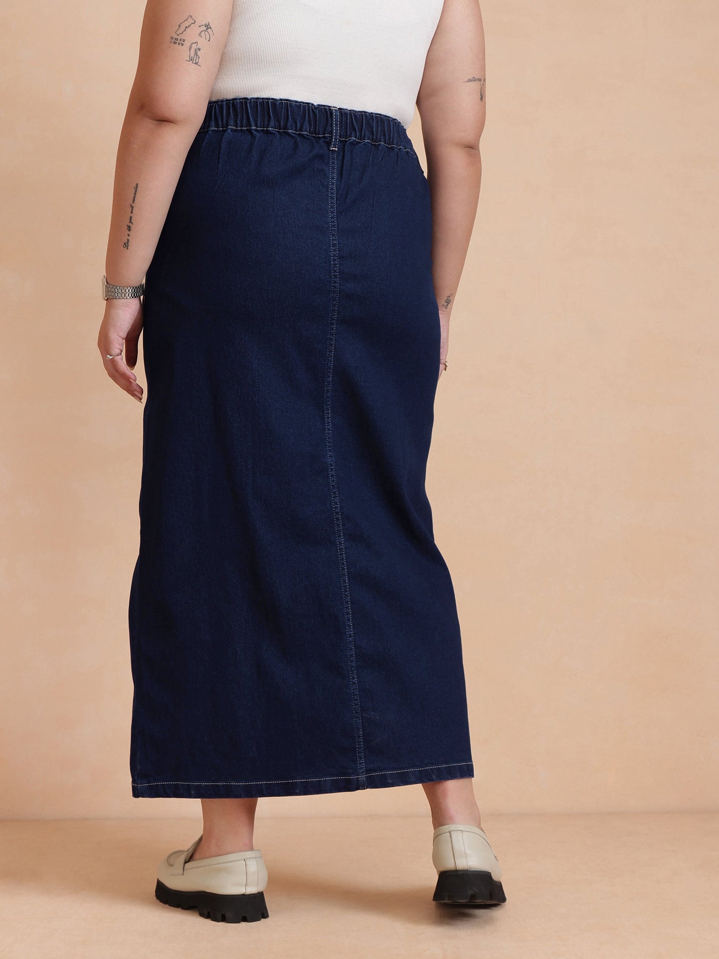 Navy Peplum Top With Denim Midi Skirt-SASSAFRAS Curve