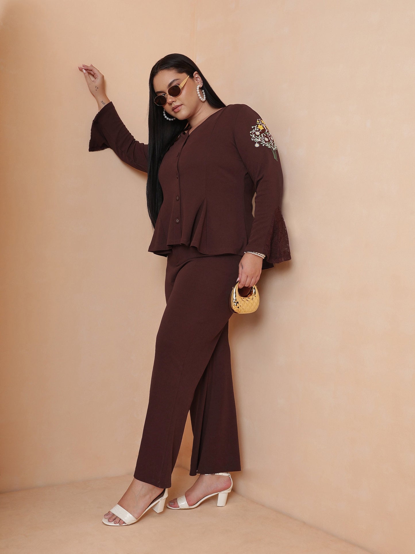 Brown Front Button Top With Bell Bottom Pants-SASSAFRAS Curve