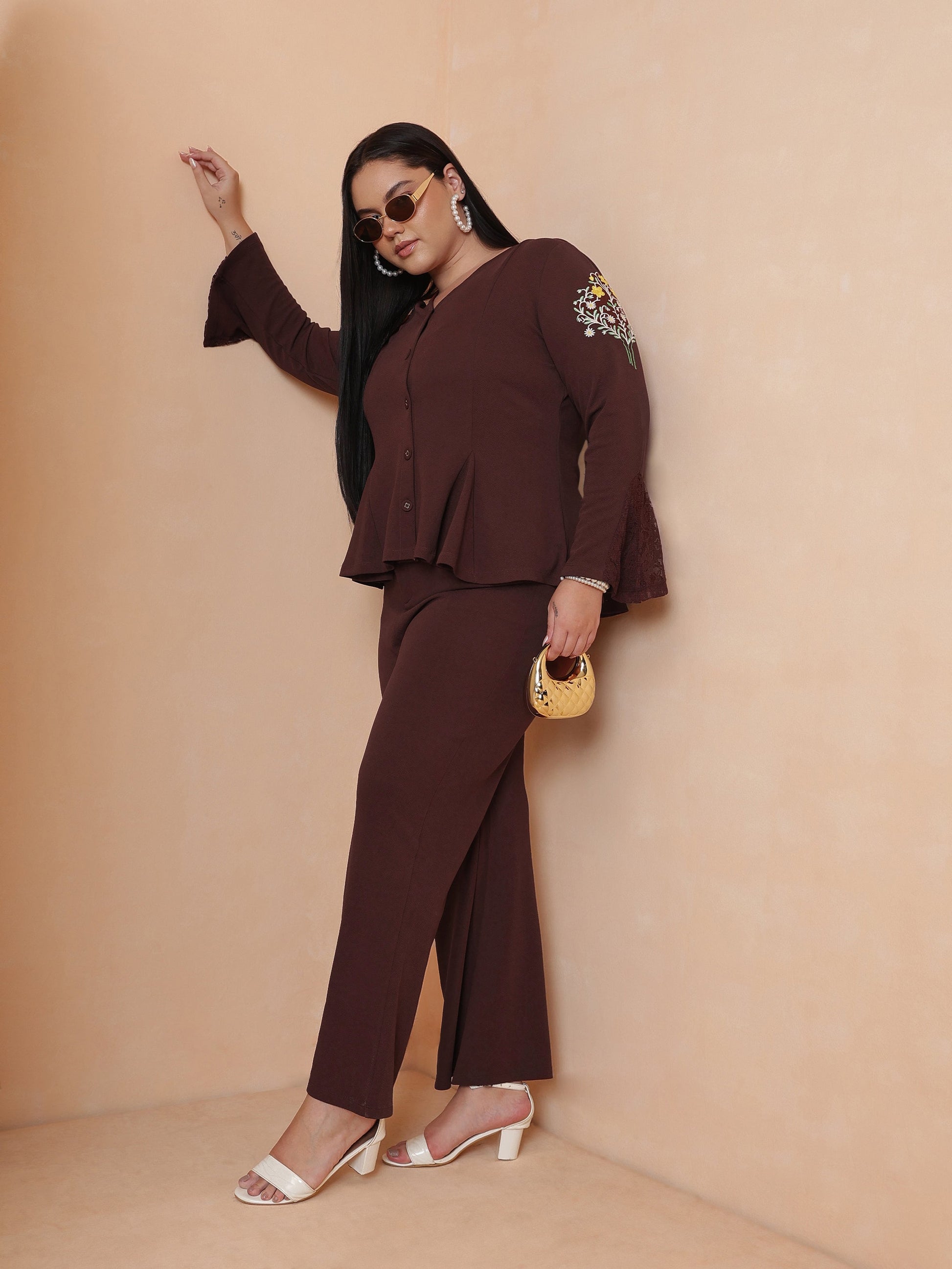 Brown Front Button Top With Bell Bottom Pants-SASSAFRAS Curve