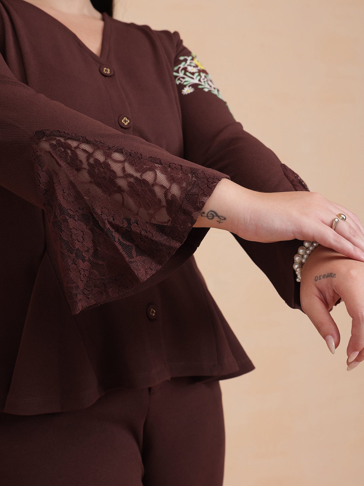 Brown Front Button Top With Bell Bottom Pants-SASSAFRAS Curve
