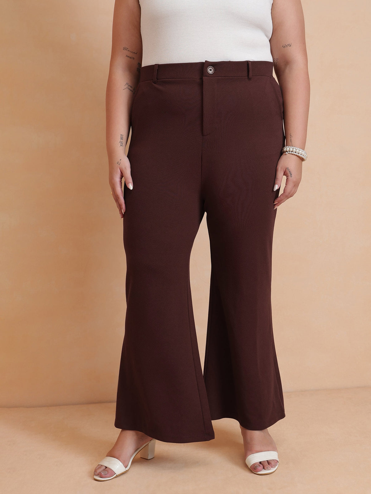 Brown Front Button Top With Bell Bottom Pants-SASSAFRAS Curve
