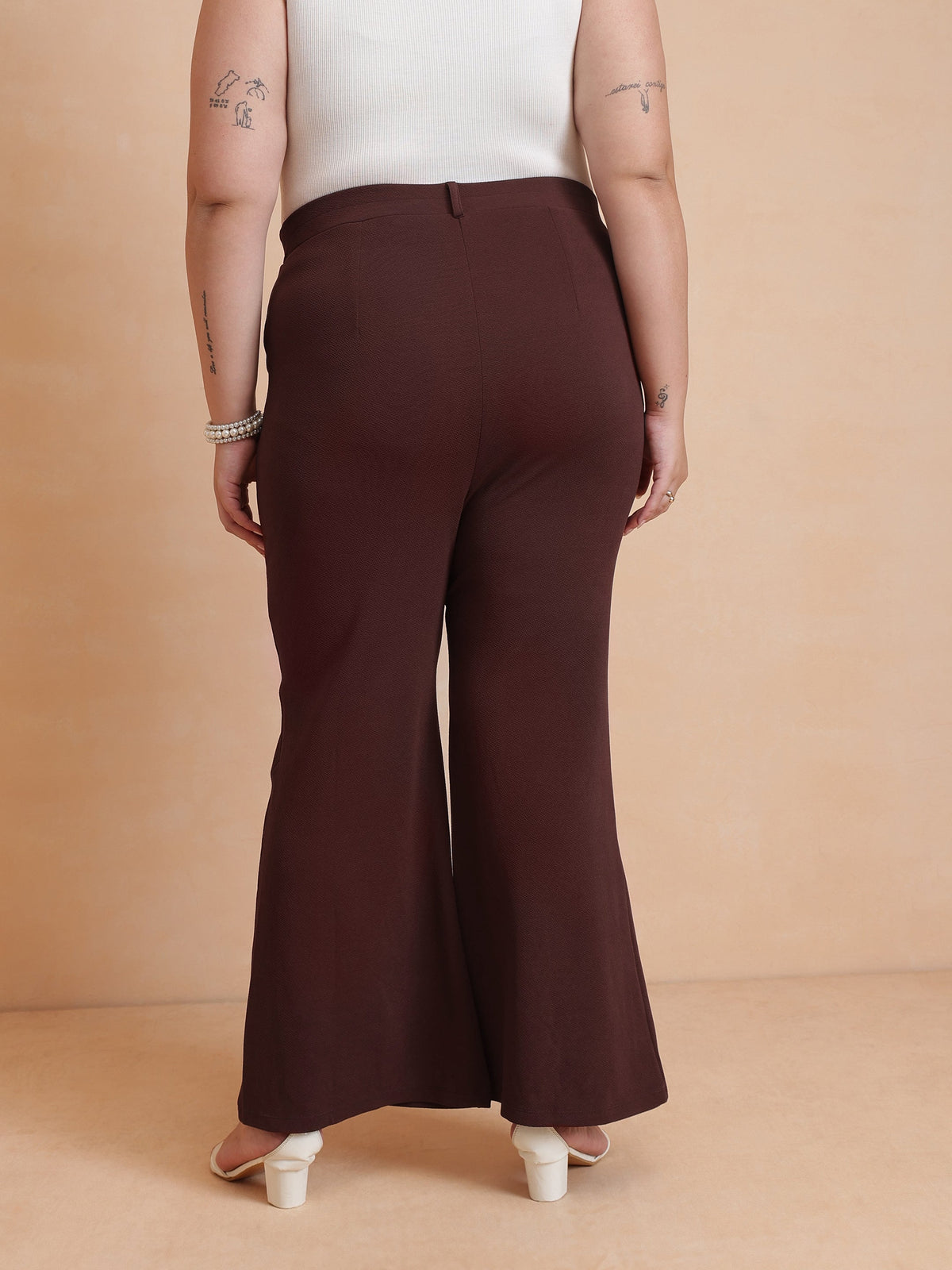 Brown Front Button Top With Bell Bottom Pants-SASSAFRAS Curve