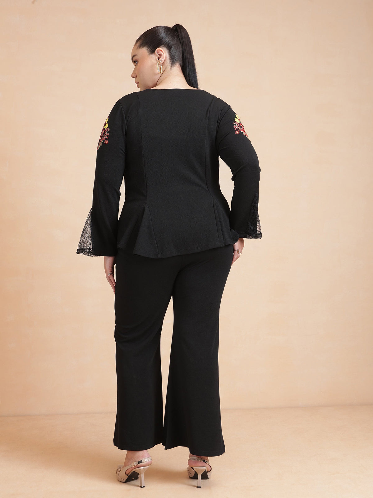 Black Front Button Top With Bell Bottom Pants-SASSAFRAS Curve