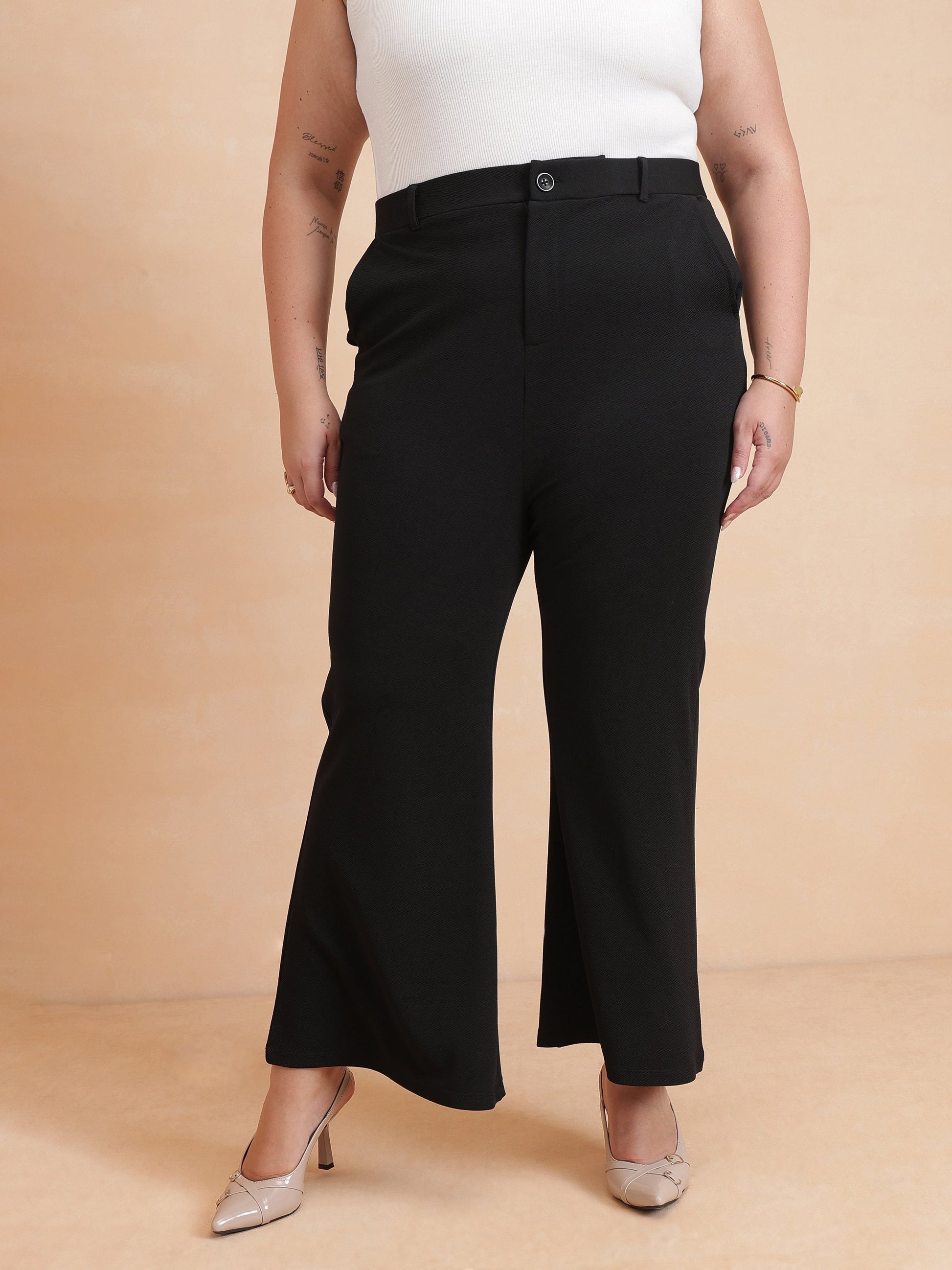 Black Front Button Top With Bell Bottom Pants-SASSAFRAS Curve