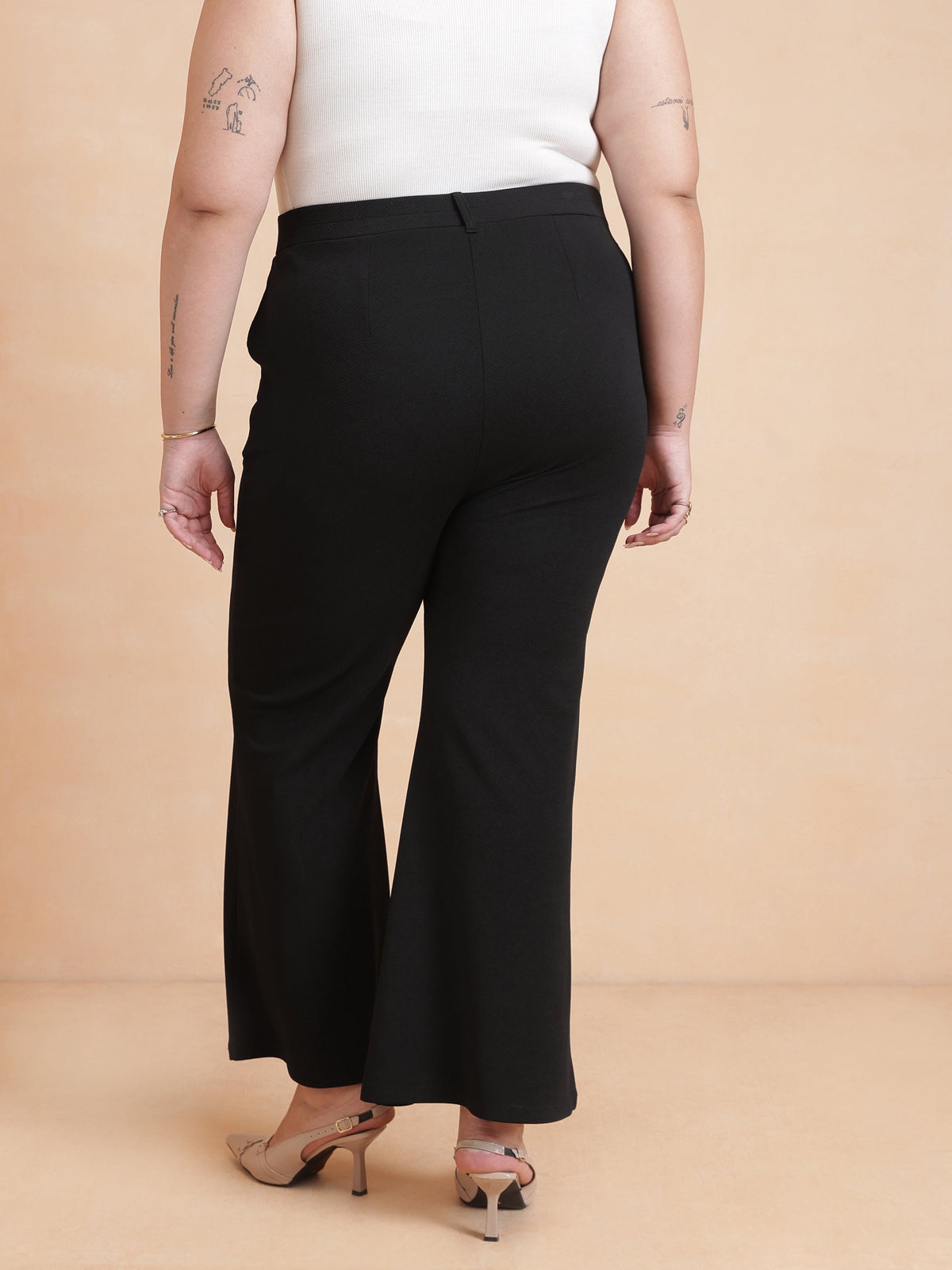 Black Front Button Top With Bell Bottom Pants-SASSAFRAS Curve