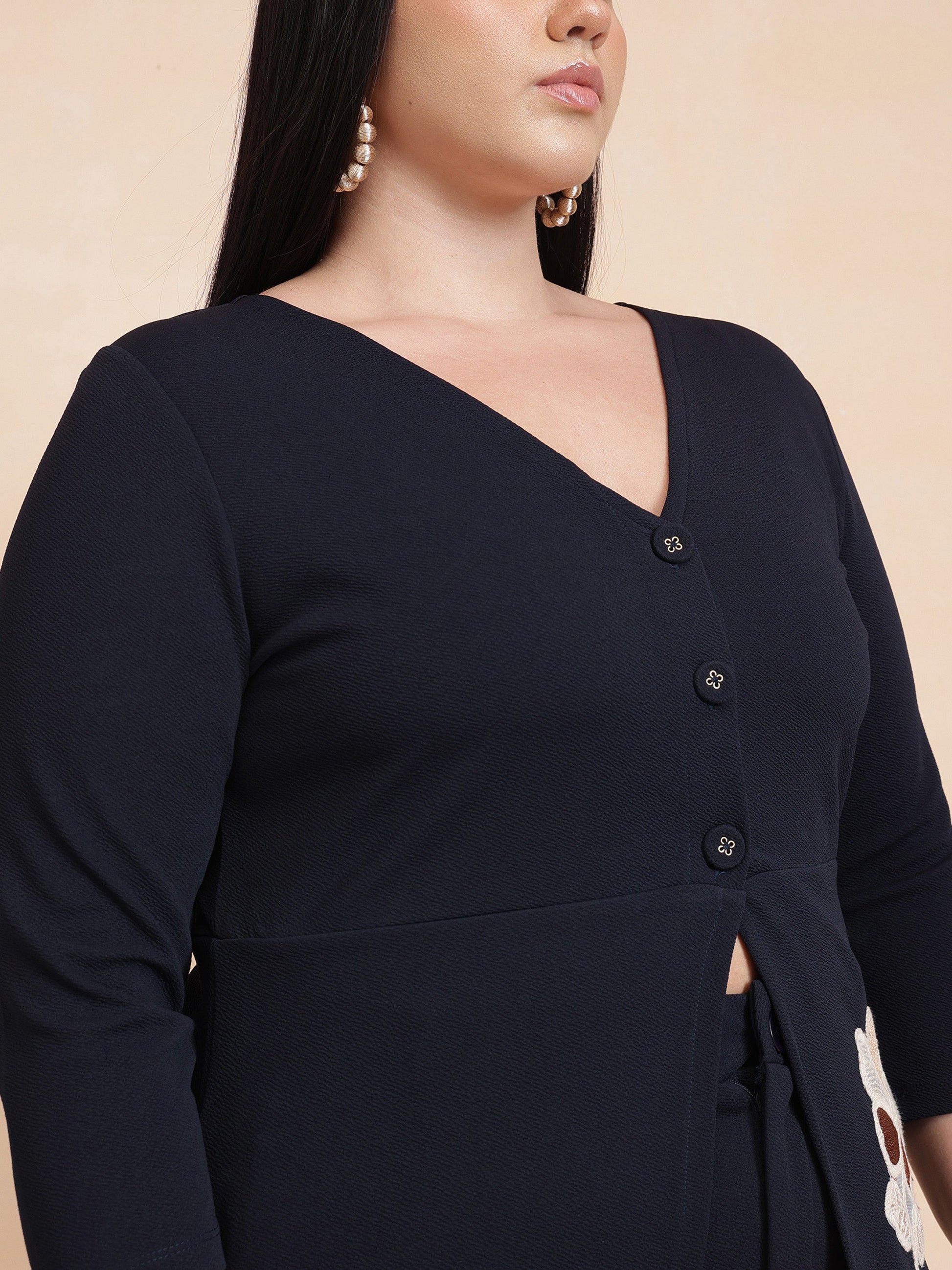 Navy Front Button Top With Pants-SASSAFRAS Curve
