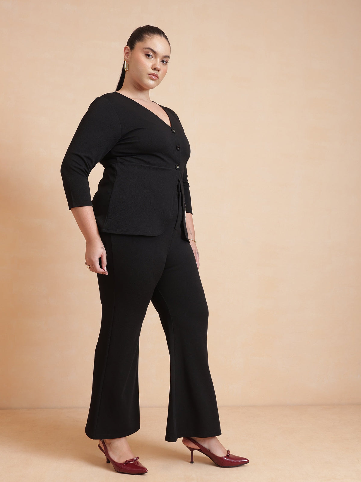 Black Front Button Top With Pants-SASSAFRAS Curve