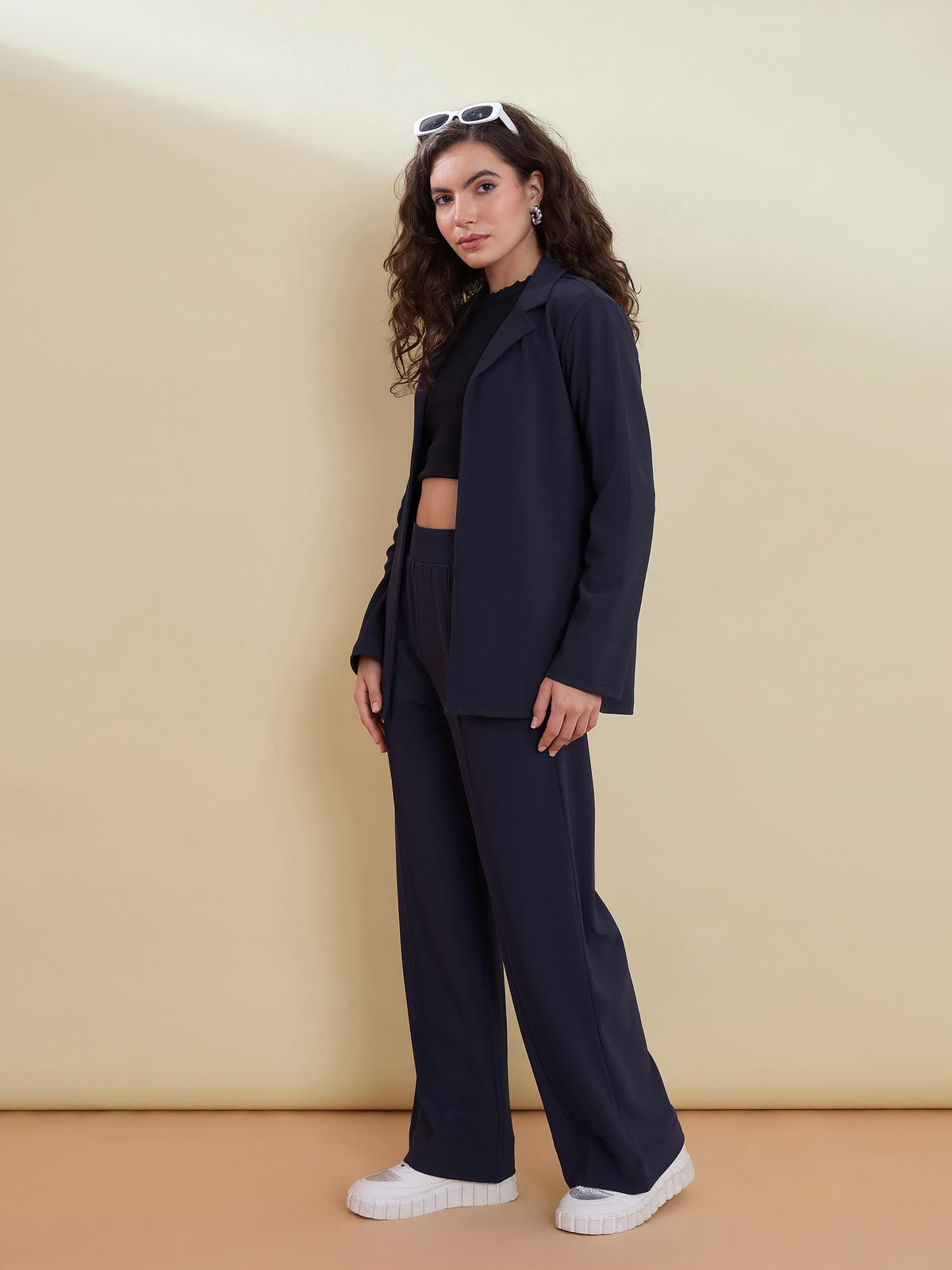 Navy Notch Collar Front Open Blazer With Pants-SASSAFRAS