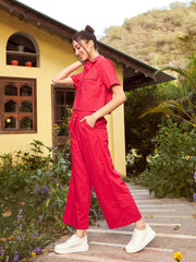 Women Red Schiffli Crop Shirt With Wide Leg Pants