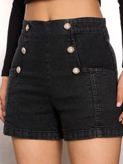 Women Black Washed  Denim Front Button Detail Shorts