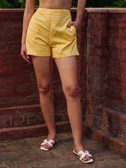 Women Yellow Schiffli Regular Shorts