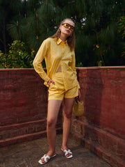 Women Yellow Schiffli Regular Shorts