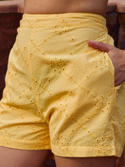 Women Yellow Schiffli Regular Shorts