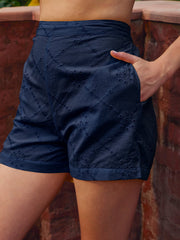 Women Navy Schiffli Regular Shorts