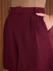 Women Burgundy Front Pleated Shorts