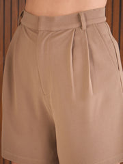 Women Beige Front Pleated Shorts