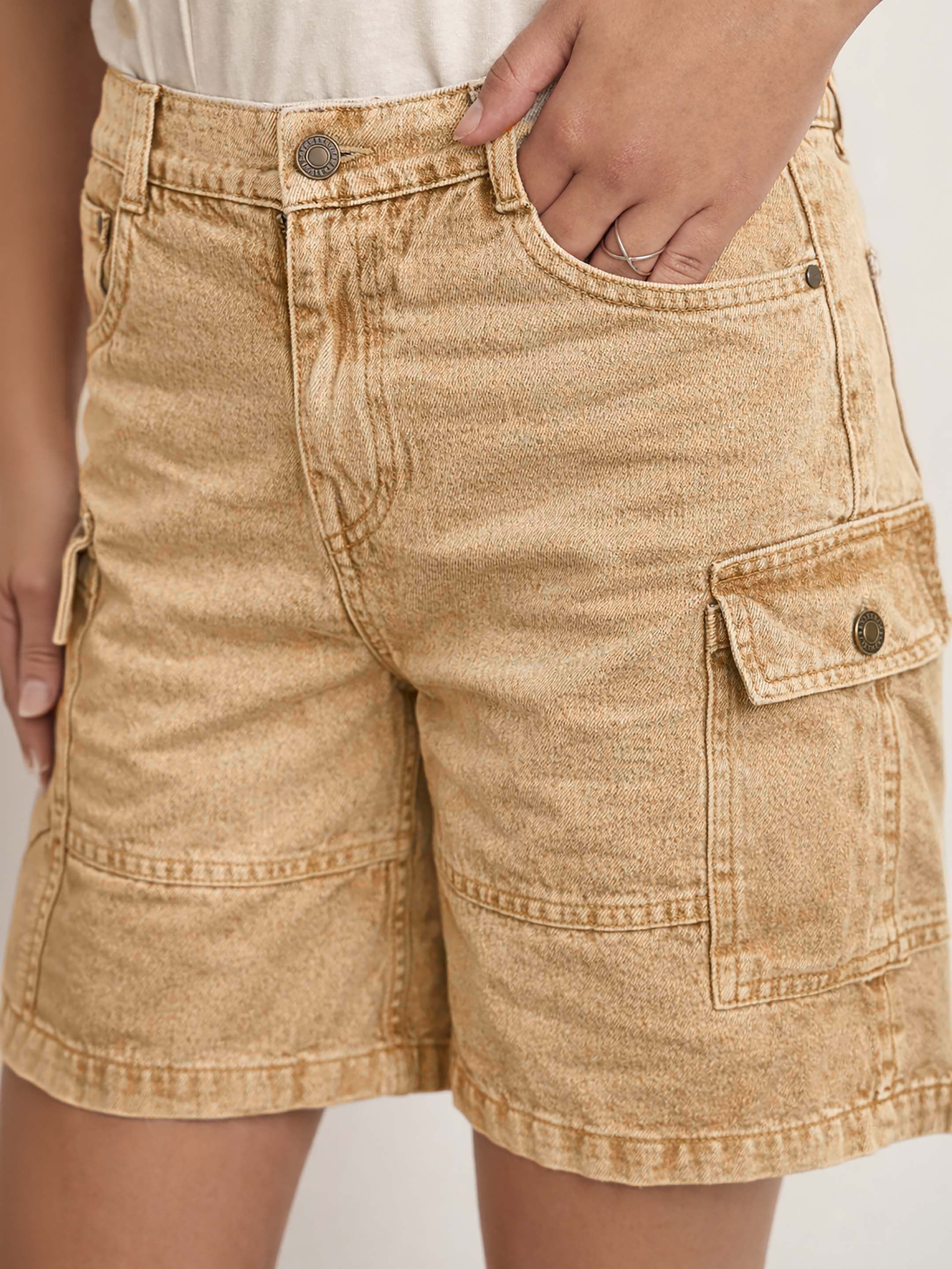Women Beige Overdyed Mid Rise Bermuda Shorts