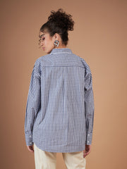 Women Navy & White Yarn Dyed Check Oversized Shirt