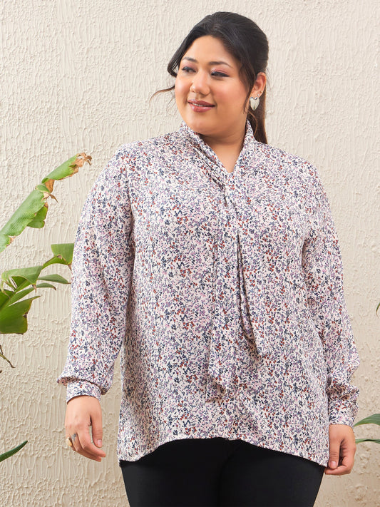 Women White Ditsy Floral Tie Knot Shirt
