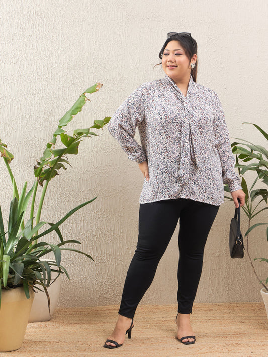 Women White Ditsy Floral Tie Knot Shirt