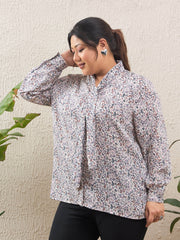 Women White Ditsy Floral Tie Knot Shirt