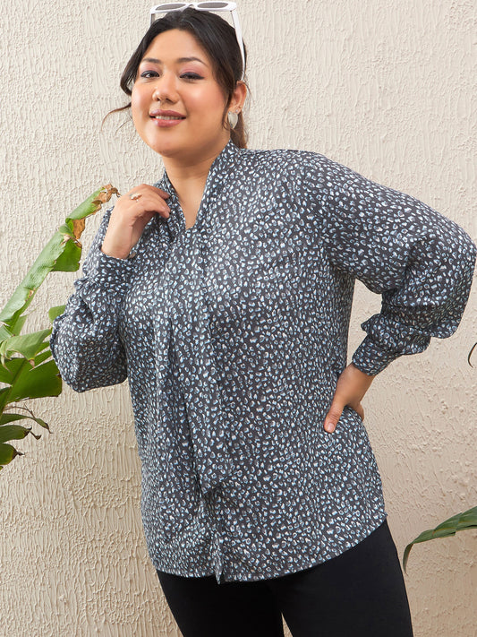 Women Grey Animal Print Tie Knot Shirt