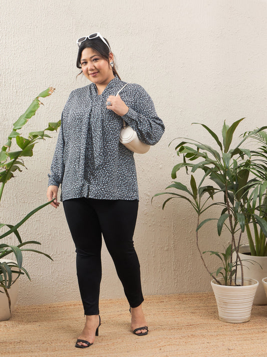 Women Grey Animal Print Tie Knot Shirt