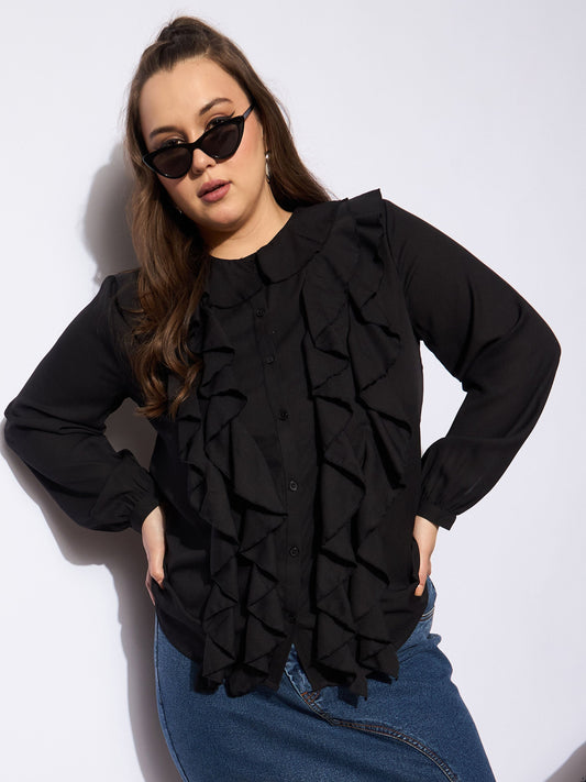 Women Black Solid Summercool Ruffle Shirt