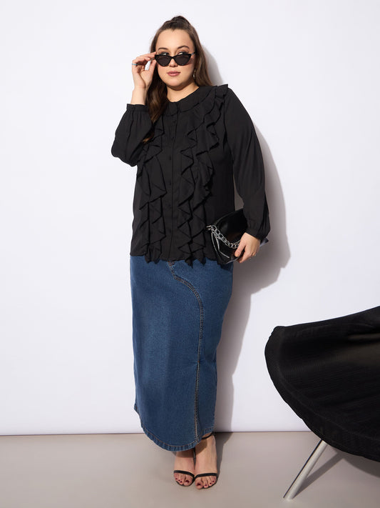 Women Black Solid Summercool Ruffle Shirt