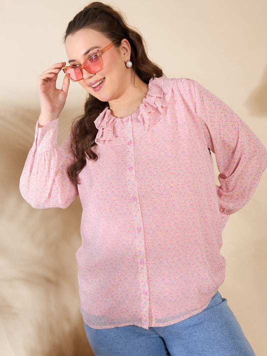 Women Pink Ditsy Floral Frill Neck Shirt