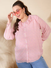 Women Pink Ditsy Floral Frill Neck Shirt