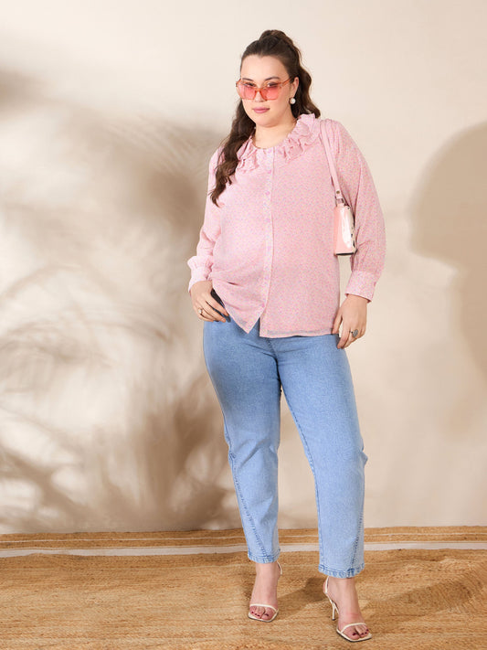 Women Pink Ditsy Floral Frill Neck Shirt