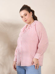 Women Pink Ditsy Floral Frill Neck Shirt