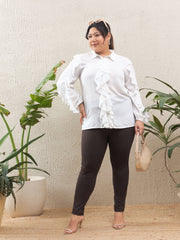 Women White Solid Front Button Ruffle Shirt