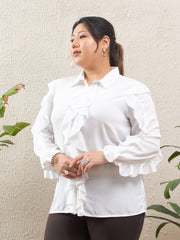 Women White Solid Front Button Ruffle Shirt