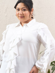 Women White Solid Front Button Ruffle Shirt