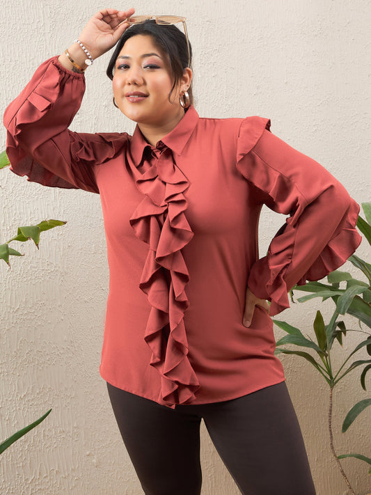 Women Rust Solid Front Button Ruffle Shirt